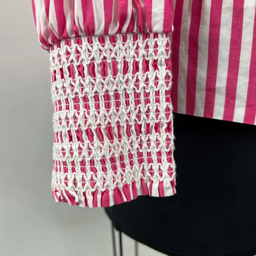 J. Crew Pink White Striped Cotton Smocked-Cuff Women's Popover Top Size S